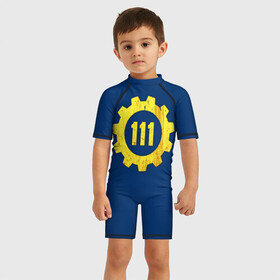 Детский купальный костюм 3D с принтом Vault 111 в Курске, Полиэстер 85%, Спандекс 15% | застежка на молнии на спине | atom | bomb | boy | fallout | radioactive | vault | wasteland | атом | бой | бомба | волт | мальчик | радиация | фоллаут | ядерная