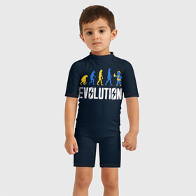 Детский купальный костюм 3D с принтом Vault Evolution в Курске, Полиэстер 85%, Спандекс 15% | застежка на молнии на спине | atom | bomb | boy | fallout | radioactive | vault | wasteland | атом | бой | бомба | волт | мальчик | радиация | фоллаут | ядерная