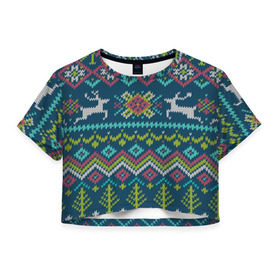Женская футболка 3D укороченная с принтом Вязаный узор 6 в Курске, 100% полиэстер | круглая горловина, длина футболки до линии талии, рукава с отворотами | ангел | ёлка | ель | зима | колокольчик | нг | новый год | олень | рождество | санта | свитер | снег