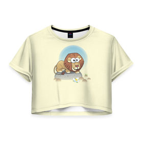 Женская футболка 3D укороченная с принтом Львенок в Курске, 100% полиэстер | круглая горловина, длина футболки до линии талии, рукава с отворотами | агрессивные | веселые | довольно | забавные | интересные | новинки | отчаянные