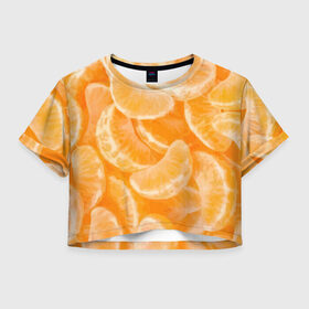 Женская футболка 3D укороченная с принтом Мандаринки на НГ в Курске, 100% полиэстер | круглая горловина, длина футболки до линии талии, рукава с отворотами | 2017 | желтый | нг | новый год | фрукты