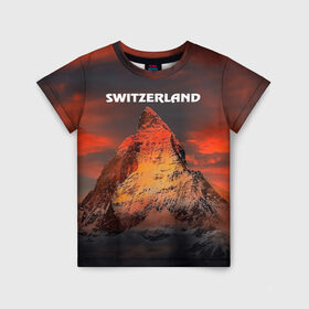 Детская футболка 3D с принтом Швейцария в Курске, 100% гипоаллергенный полиэфир | прямой крой, круглый вырез горловины, длина до линии бедер, чуть спущенное плечо, ткань немного тянется | Тематика изображения на принте: switzerland | альпы | горы | заграница | отдых | отпуск | туризм | турист