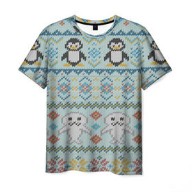 Мужская футболка 3D с принтом Детский вязаный узор в Курске, 100% полиэфир | прямой крой, круглый вырез горловины, длина до линии бедер | зима | нг | новый год | рождество | свитер | снег