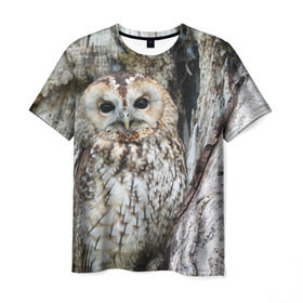 Мужская футболка 3D с принтом Маскировка в Курске, 100% полиэфир | прямой крой, круглый вырез горловины, длина до линии бедер | взгляд | глаза | дерево | лес | птица | сова | сосна | текстура | филин