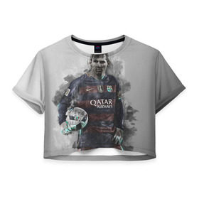 Женская футболка 3D укороченная с принтом Lionel Messi в Курске, 100% полиэстер | круглая горловина, длина футболки до линии талии, рукава с отворотами | Тематика изображения на принте: лионель | месси