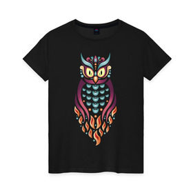 Женская футболка хлопок с принтом Яркая сова в Курске, 100% хлопок | прямой крой, круглый вырез горловины, длина до линии бедер, слегка спущенное плечо | птица | сова | яркий