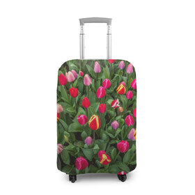 Чехол для чемодана 3D с принтом Тюльпанчики в Курске, 86% полиэфир, 14% спандекс | двустороннее нанесение принта, прорези для ручек и колес | зеленый | поле | природа | растения | тюльпаны | цветной | цветы