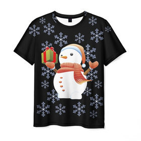 Мужская футболка 3D с принтом Снеговик с подарком в Курске, 100% полиэфир | прямой крой, круглый вырез горловины, длина до линии бедер | 2017 | дед мороз | зима | новый год | снеговик