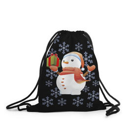 Рюкзак-мешок 3D с принтом Снеговик с подарком в Курске, 100% полиэстер | плотность ткани — 200 г/м2, размер — 35 х 45 см; лямки — толстые шнурки, застежка на шнуровке, без карманов и подкладки | Тематика изображения на принте: 2017 | дед мороз | зима | новый год | снеговик