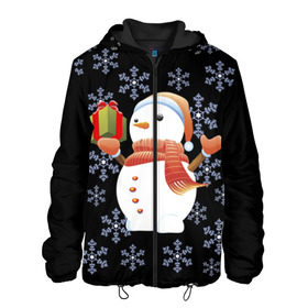 Мужская куртка 3D с принтом Снеговик с подарком в Курске, ткань верха — 100% полиэстер, подклад — флис | прямой крой, подол и капюшон оформлены резинкой с фиксаторами, два кармана без застежек по бокам, один большой потайной карман на груди. Карман на груди застегивается на липучку | 2017 | дед мороз | зима | новый год | снеговик