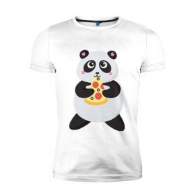 Мужская футболка премиум с принтом Панда обжора в Курске, 92% хлопок, 8% лайкра | приталенный силуэт, круглый вырез ворота, длина до линии бедра, короткий рукав | Тематика изображения на принте: обжора | панда | пицца