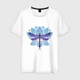 Мужская футболка хлопок с принтом Стрекоза на лотосе в Курске, 100% хлопок | прямой крой, круглый вырез горловины, длина до линии бедер, слегка спущенное плечо. | лотос | насекомые | стрекоза | цветы