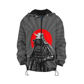 Детская куртка 3D с принтом Мертвый самурай в Курске, 100% полиэстер | застежка — молния, подол и капюшон оформлены резинкой с фиксаторами, по бокам — два кармана без застежек, один потайной карман на груди, плотность верхнего слоя — 90 г/м2; плотность флисового подклада — 260 г/м2 | bone | japan | samurai | skelet | skull | warrior | воин | катана | кости | меч | самурай | скелет | череп | япония