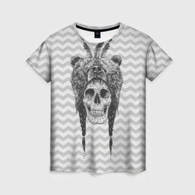 Женская футболка 3D с принтом Мертвый шаман в Курске, 100% полиэфир ( синтетическое хлопкоподобное полотно) | прямой крой, круглый вырез горловины, длина до линии бедер | bear | bone | dark | magic | shaman | skelet | skull | witch | кости | маг | медведь | скелет | череп | шаман