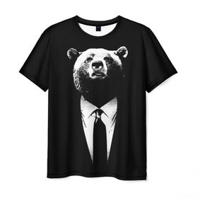 Мужская футболка 3D с принтом Медведь бизнесмен в Курске, 100% полиэфир | прямой крой, круглый вырез горловины, длина до линии бедер | Тематика изображения на принте: animal | bear | beast | business | suit | бизнес | джентльмен | животное | зверь | медведь | смокинг