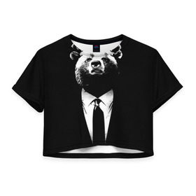 Женская футболка 3D укороченная с принтом Медведь бизнесмен в Курске, 100% полиэстер | круглая горловина, длина футболки до линии талии, рукава с отворотами | Тематика изображения на принте: animal | bear | beast | business | suit | бизнес | джентльмен | животное | зверь | медведь | смокинг