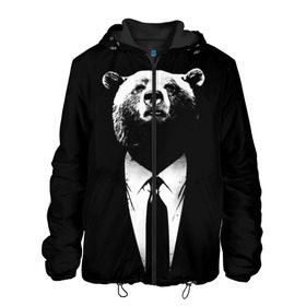 Мужская куртка 3D с принтом Медведь бизнесмен в Курске, ткань верха — 100% полиэстер, подклад — флис | прямой крой, подол и капюшон оформлены резинкой с фиксаторами, два кармана без застежек по бокам, один большой потайной карман на груди. Карман на груди застегивается на липучку | Тематика изображения на принте: animal | bear | beast | business | suit | бизнес | джентльмен | животное | зверь | медведь | смокинг
