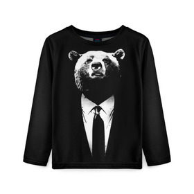 Детский лонгслив 3D с принтом Медведь бизнесмен в Курске, 100% полиэстер | длинные рукава, круглый вырез горловины, полуприлегающий силуэт
 | animal | bear | beast | business | suit | бизнес | джентльмен | животное | зверь | медведь | смокинг