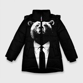 Зимняя куртка для девочек 3D с принтом Медведь бизнесмен в Курске, ткань верха — 100% полиэстер; подклад — 100% полиэстер, утеплитель — 100% полиэстер. | длина ниже бедра, удлиненная спинка, воротник стойка и отстегивающийся капюшон. Есть боковые карманы с листочкой на кнопках, утяжки по низу изделия и внутренний карман на молнии. 

Предусмотрены светоотражающий принт на спинке, радужный светоотражающий элемент на пуллере молнии и на резинке для утяжки. | Тематика изображения на принте: animal | bear | beast | business | suit | бизнес | джентльмен | животное | зверь | медведь | смокинг