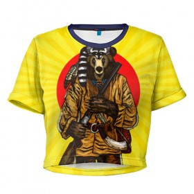 Женская футболка 3D укороченная с принтом Медведь охотник в Курске, 100% полиэстер | круглая горловина, длина футболки до линии талии, рукава с отворотами | 