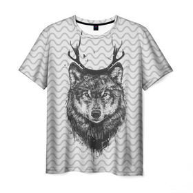 Мужская футболка 3D с принтом Рогатый волк в Курске, 100% полиэфир | прямой крой, круглый вырез горловины, длина до линии бедер | animal | beast | deer | moon | rage | roar | wild | wolf | вой | волк | животное | зверь | луна | олень | рога