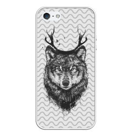 Чехол для iPhone 5/5S матовый с принтом Рогатый волк в Курске, Силикон | Область печати: задняя сторона чехла, без боковых панелей | animal | beast | deer | moon | rage | roar | wild | wolf | вой | волк | животное | зверь | луна | олень | рога