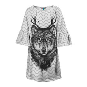 Детское платье 3D с принтом Рогатый волк в Курске, 100% полиэстер | прямой силуэт, чуть расширенный к низу. Круглая горловина, на рукавах — воланы | animal | beast | deer | moon | rage | roar | wild | wolf | вой | волк | животное | зверь | луна | олень | рога