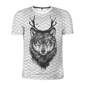 Мужская футболка 3D спортивная с принтом Рогатый волк в Курске, 100% полиэстер с улучшенными характеристиками | приталенный силуэт, круглая горловина, широкие плечи, сужается к линии бедра | animal | beast | deer | moon | rage | roar | wild | wolf | вой | волк | животное | зверь | луна | олень | рога