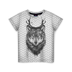 Детская футболка 3D с принтом Рогатый волк в Курске, 100% гипоаллергенный полиэфир | прямой крой, круглый вырез горловины, длина до линии бедер, чуть спущенное плечо, ткань немного тянется | Тематика изображения на принте: animal | beast | deer | moon | rage | roar | wild | wolf | вой | волк | животное | зверь | луна | олень | рога