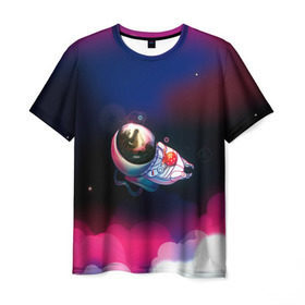 Мужская футболка 3D с принтом Ёжик в космосе в Курске, 100% полиэфир | прямой крой, круглый вырез горловины, длина до линии бедер | в тумане | еж