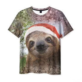 Мужская футболка 3D с принтом Рождественский ленивец в Курске, 100% полиэфир | прямой крой, круглый вырез горловины, длина до линии бедер | джунгли | животное | ленивый | лень | новый год | рождество | снег | снежинки | тропики | улыбка | шапка