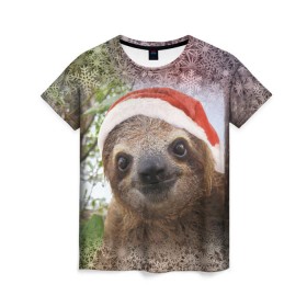 Женская футболка 3D с принтом Рождественский ленивец в Курске, 100% полиэфир ( синтетическое хлопкоподобное полотно) | прямой крой, круглый вырез горловины, длина до линии бедер | джунгли | животное | ленивый | лень | новый год | рождество | снег | снежинки | тропики | улыбка | шапка