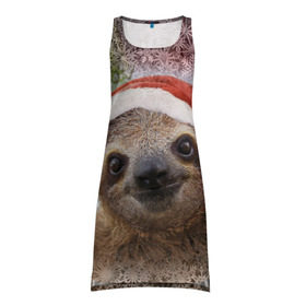 Платье-майка 3D с принтом Рождественский ленивец в Курске, 100% полиэстер | полуприлегающий силуэт, широкие бретели, круглый вырез горловины, удлиненный подол сзади. | джунгли | животное | ленивый | лень | новый год | рождество | снег | снежинки | тропики | улыбка | шапка