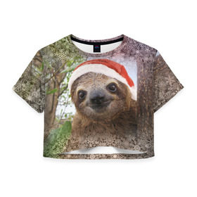 Женская футболка 3D укороченная с принтом Рождественский ленивец в Курске, 100% полиэстер | круглая горловина, длина футболки до линии талии, рукава с отворотами | джунгли | животное | ленивый | лень | новый год | рождество | снег | снежинки | тропики | улыбка | шапка