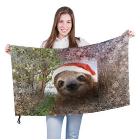 Флаг 3D с принтом Рождественский ленивец в Курске, 100% полиэстер | плотность ткани — 95 г/м2, размер — 67 х 109 см. Принт наносится с одной стороны | джунгли | животное | ленивый | лень | новый год | рождество | снег | снежинки | тропики | улыбка | шапка