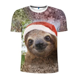 Мужская футболка 3D спортивная с принтом Рождественский ленивец в Курске, 100% полиэстер с улучшенными характеристиками | приталенный силуэт, круглая горловина, широкие плечи, сужается к линии бедра | джунгли | животное | ленивый | лень | новый год | рождество | снег | снежинки | тропики | улыбка | шапка
