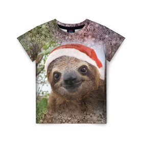 Детская футболка 3D с принтом Рождественский ленивец в Курске, 100% гипоаллергенный полиэфир | прямой крой, круглый вырез горловины, длина до линии бедер, чуть спущенное плечо, ткань немного тянется | джунгли | животное | ленивый | лень | новый год | рождество | снег | снежинки | тропики | улыбка | шапка