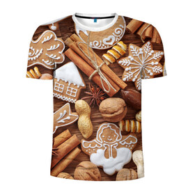 Мужская футболка 3D спортивная с принтом Cinnamon в Курске, 100% полиэстер с улучшенными характеристиками | приталенный силуэт, круглая горловина, широкие плечи, сужается к линии бедра | Тематика изображения на принте: выпечка | новый год | пряники | пряности | рождество