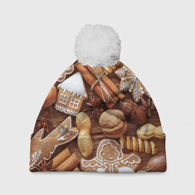 Шапка 3D c помпоном с принтом Cinnamon в Курске, 100% полиэстер | универсальный размер, печать по всей поверхности изделия | выпечка | новый год | пряники | пряности | рождество