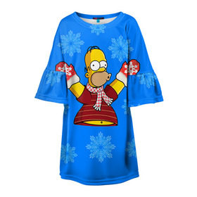 Детское платье 3D с принтом Симпсоны новогодние 2 в Курске, 100% полиэстер | прямой силуэт, чуть расширенный к низу. Круглая горловина, на рукавах — воланы | Тематика изображения на принте: simpsons | барт | барт симпсон | гомер | гомер симпсон | новый год | симпсоны | снег | снежинки