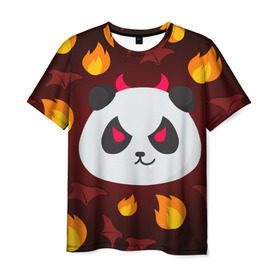 Мужская футболка 3D с принтом Панда дьяволенок в Курске, 100% полиэфир | прямой крой, круглый вырез горловины, длина до линии бедер | Тематика изображения на принте: дьяволенок | красный | крылья | огонь | панда | рога