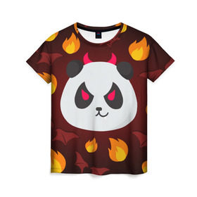 Женская футболка 3D с принтом Панда дьяволенок в Курске, 100% полиэфир ( синтетическое хлопкоподобное полотно) | прямой крой, круглый вырез горловины, длина до линии бедер | дьяволенок | красный | крылья | огонь | панда | рога