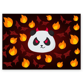 Поздравительная открытка с принтом Панда дьяволенок в Курске, 100% бумага | плотность бумаги 280 г/м2, матовая, на обратной стороне линовка и место для марки
 | дьяволенок | красный | крылья | огонь | панда | рога