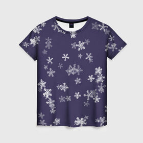 Женская футболка 3D с принтом Снежная феерия (синий) в Курске, 100% полиэфир ( синтетическое хлопкоподобное полотно) | прямой крой, круглый вырез горловины, длина до линии бедер | happy new year | блеск | ёлка | зима | конфетти | новый год | подарки | праздник | снег | снежинки