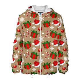 Мужская куртка 3D с принтом Рождество в Курске, ткань верха — 100% полиэстер, подклад — флис | прямой крой, подол и капюшон оформлены резинкой с фиксаторами, два кармана без застежек по бокам, один большой потайной карман на груди. Карман на груди застегивается на липучку | дед мороз | леденец | новый год | рождество | снежинки