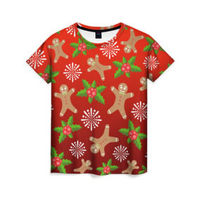 Женская футболка 3D с принтом Новогодний узор в Курске, 100% полиэфир ( синтетическое хлопкоподобное полотно) | прямой крой, круглый вырез горловины, длина до линии бедер | новогодний узор | новый год | омела | пряничный человечек | снежинка | узор