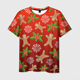 Мужская футболка 3D с принтом Новогодний узор в Курске, 100% полиэфир | прямой крой, круглый вырез горловины, длина до линии бедер | новогодний узор | новый год | омела | пряничный человечек | снежинка | узор