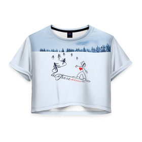 Женская футболка 3D укороченная с принтом Шерегеш в Курске, 100% полиэстер | круглая горловина, длина футболки до линии талии, рукава с отворотами | gesh | геш | лыжи | лыжник | сноуборд | шерегеш | шершавель