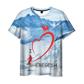 Мужская футболка 3D с принтом Love Sheregesh в Курске, 100% полиэфир | прямой крой, круглый вырез горловины, длина до линии бедер | Тематика изображения на принте: gesh | геш | лыжи | лыжник | сноуборд | шерегеш | шершавель