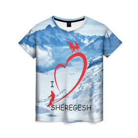 Женская футболка 3D с принтом Love Sheregesh в Курске, 100% полиэфир ( синтетическое хлопкоподобное полотно) | прямой крой, круглый вырез горловины, длина до линии бедер | gesh | геш | лыжи | лыжник | сноуборд | шерегеш | шершавель
